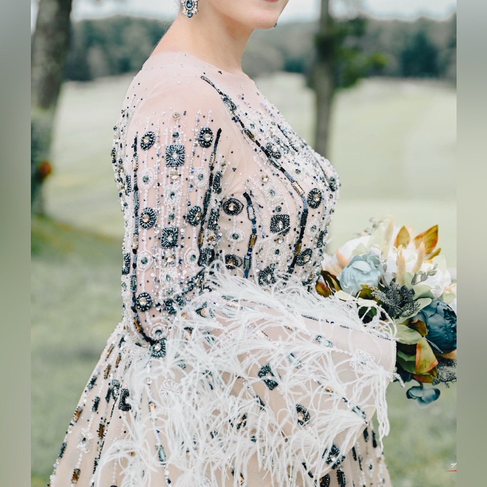 Cream Sequin Embellished Long Sleeve Gown - Picture 3 of 9